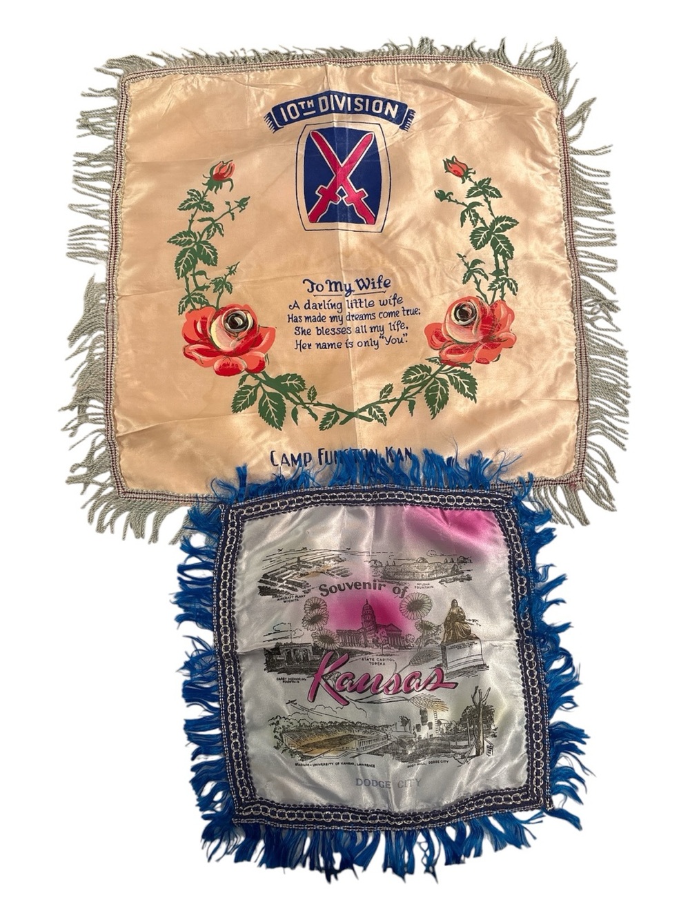 Vintage Military Sweetheart Pillow Cover Lot 10th Division Camp Funston Kansas
